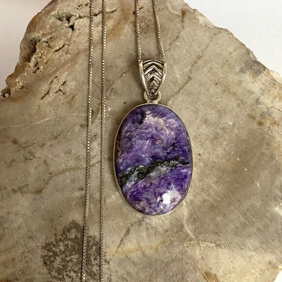 Sterling Silver 925 Oval Bezel Set Purple Charoite Pendant Necklace 22" Chain - Picture 5 of 16